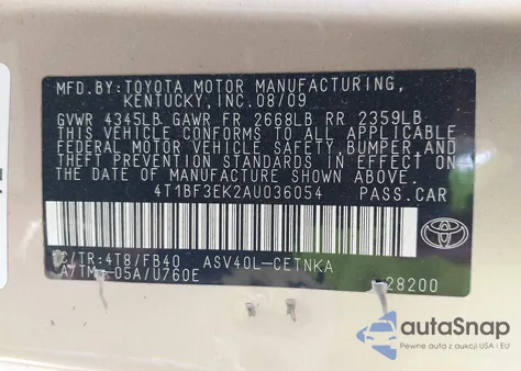2010 Toyota Camry Le from USA, damaged, VIN 4T1BF3EK2AU036054